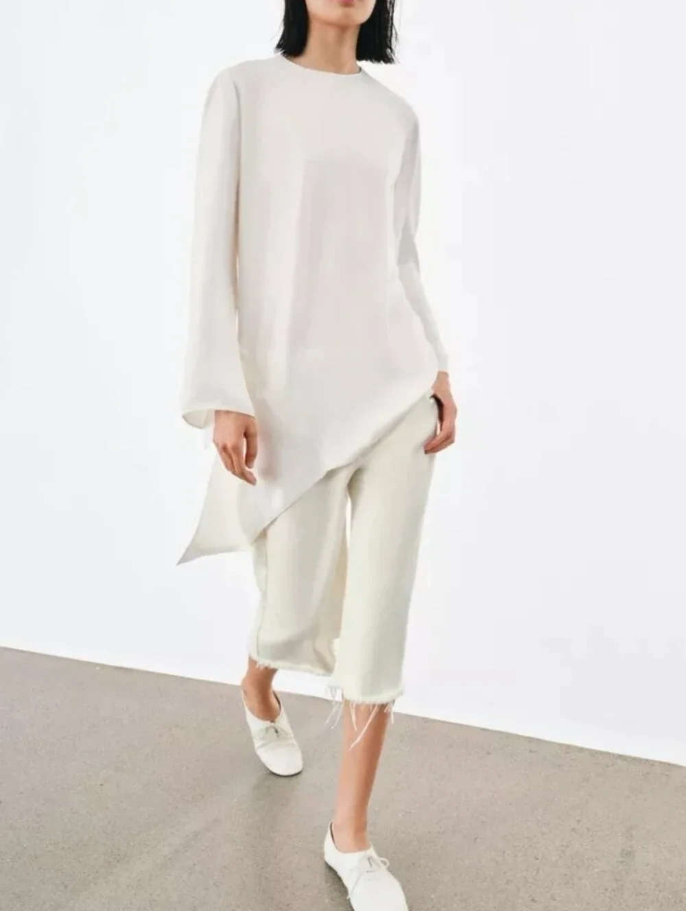 Zara Zw Collection Frayed-Hem Ecru White Denim Long Shorts Sz-6